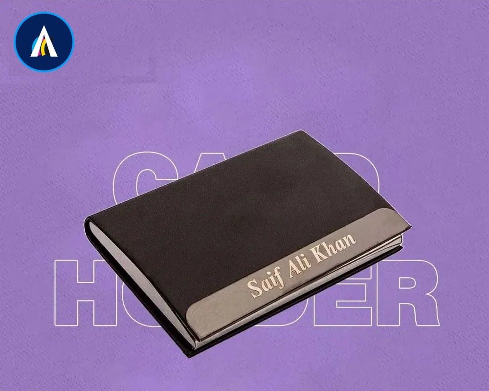 Card holders — Leather and metal, engraved