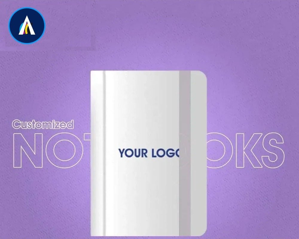 Hardcover notebook with a logo on the front
